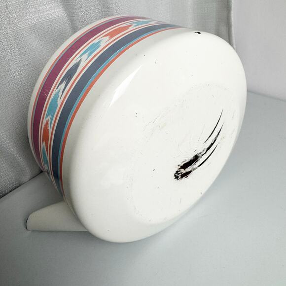 Vintage Enamel Tea Kettle Southwestern Aztec Stripe Design Wooden Handle Boho - Picture 8 of 8